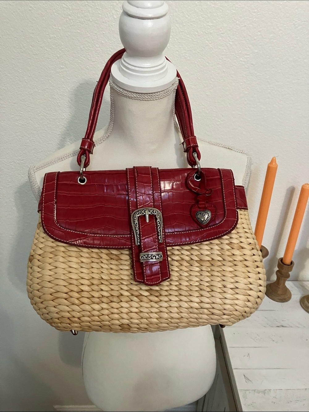 Vintage Brighton style Woven  Shoulder Bag with Red Leather Trim & Buckle Accent